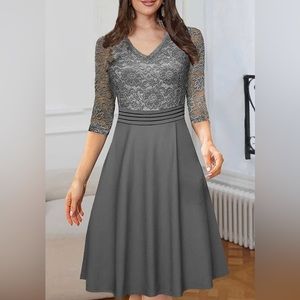 HOMEYEE Women's Size 8 Chic V-Neck‎ Lace Patchwork Flare Party Dress